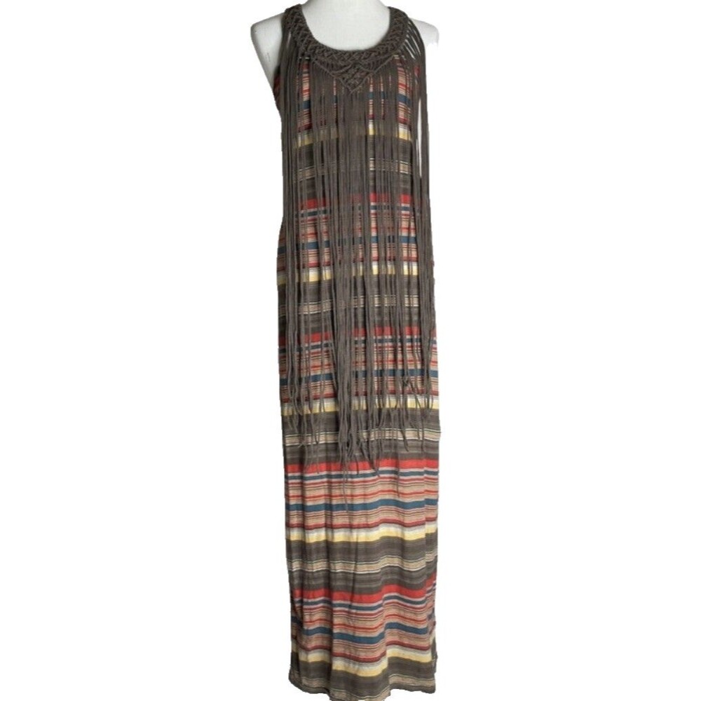 Denim&Supply Ralph Lauren Boho Maxi Dress Macrame Crochet Fringe Stripe Festival